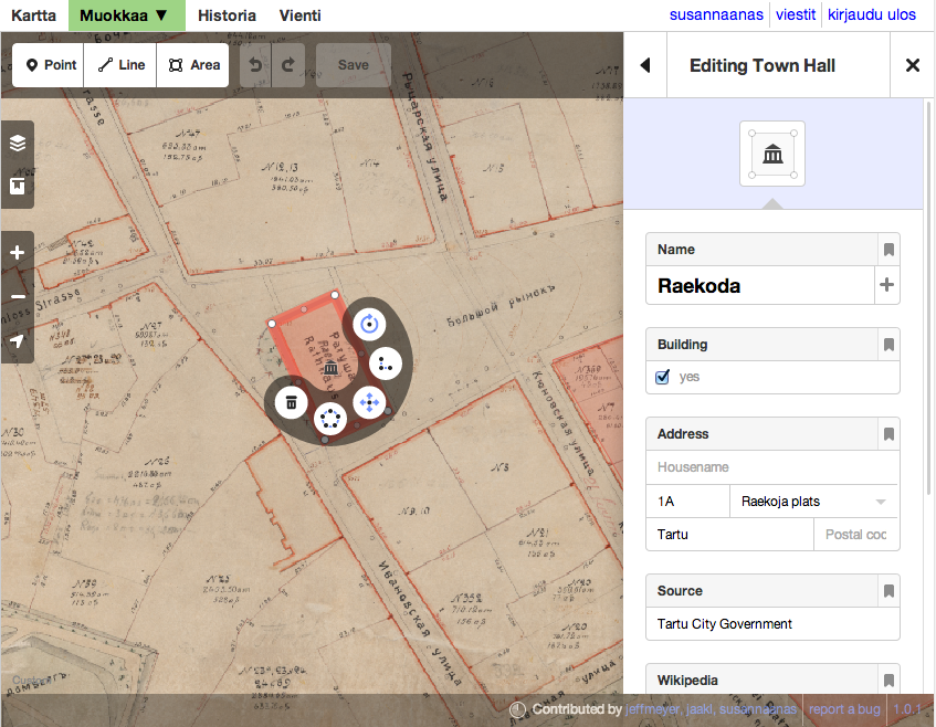 Tarton kartta Open Historical Map -ympäristössä, jossa voi käyttää OpenStreetMapin uutta iD-työkalua