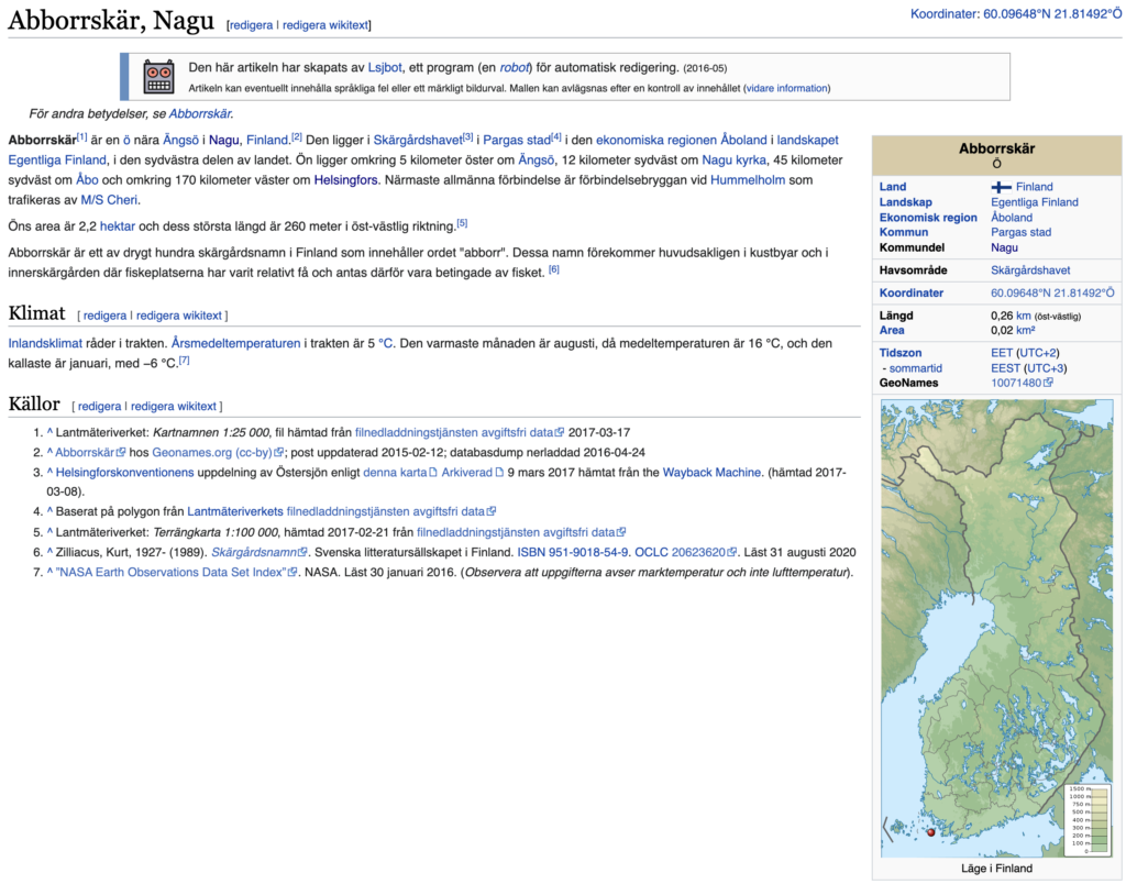 Abborrskärin artikkeli ruotsinkielisessä Wikipediassa